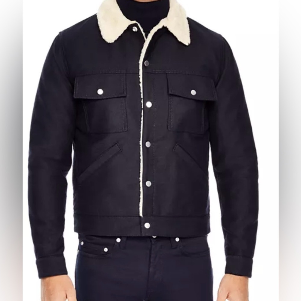 Man’s Sandro Black Corduroy Cream Faux Shearling Snap Up Jacket Size Large - Picture 1 of 8